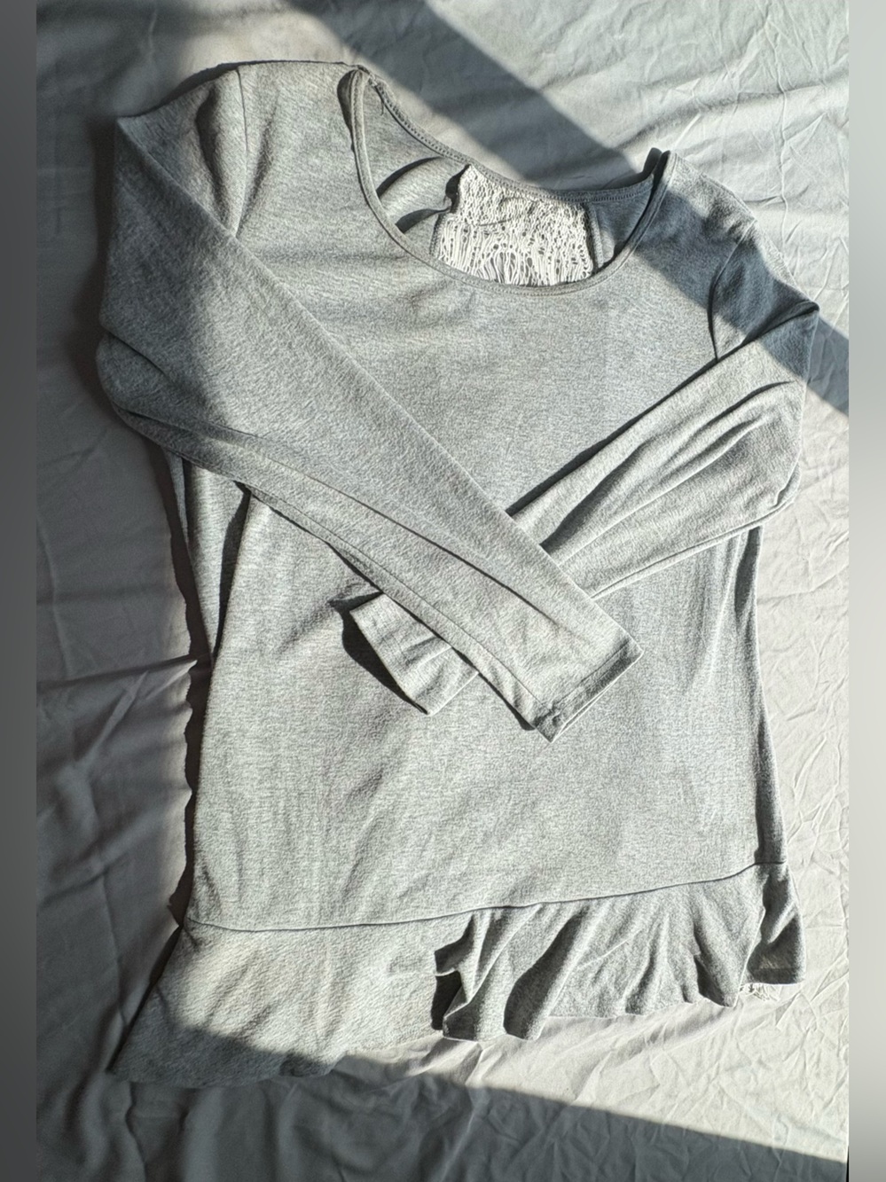 Women’s Light Gray Long Sleeve Ruffle Hem Top with Lace Size L